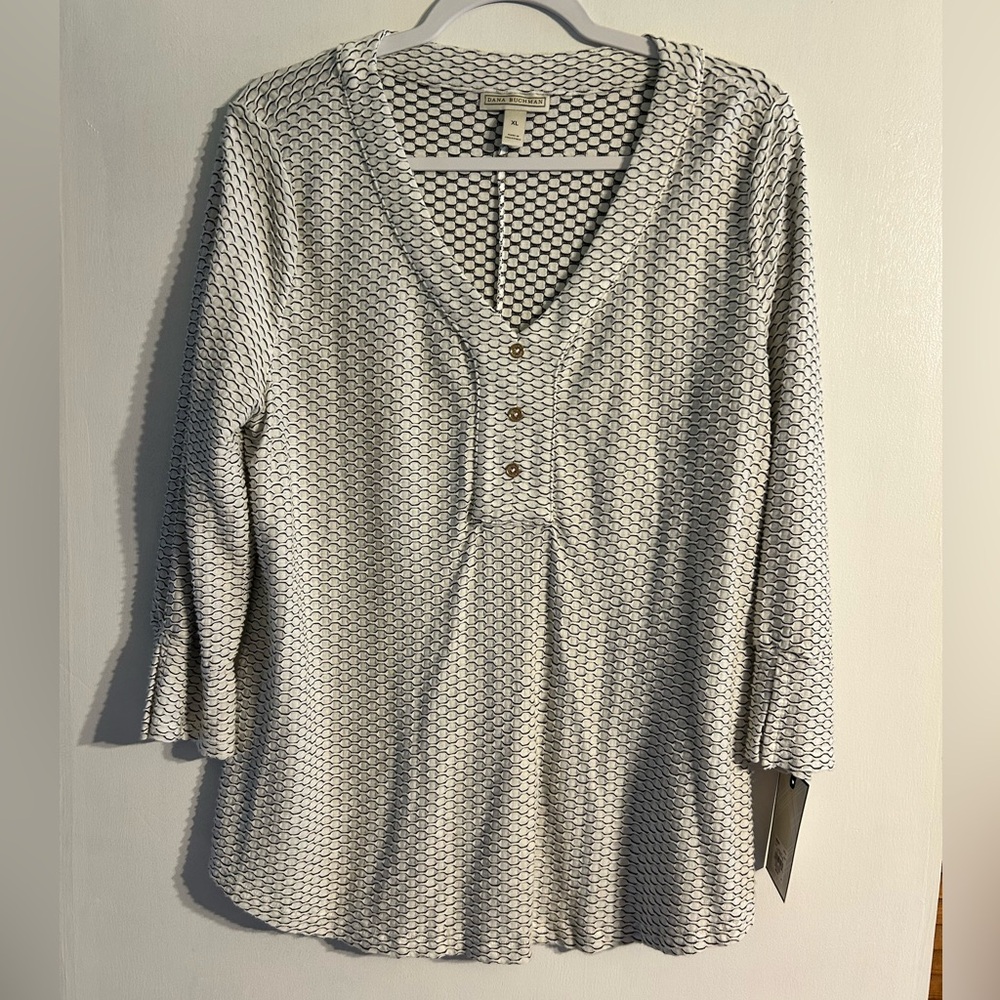 Women's Dana Buchman Top BlouseV Neck 3/4 Sleeve Geometric Pattern Size XL